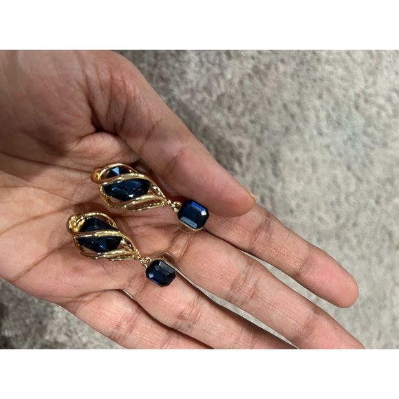 navy blue earrings gold chandelier earrings dark blue wedding crystal earrings - Picture 3 of 9